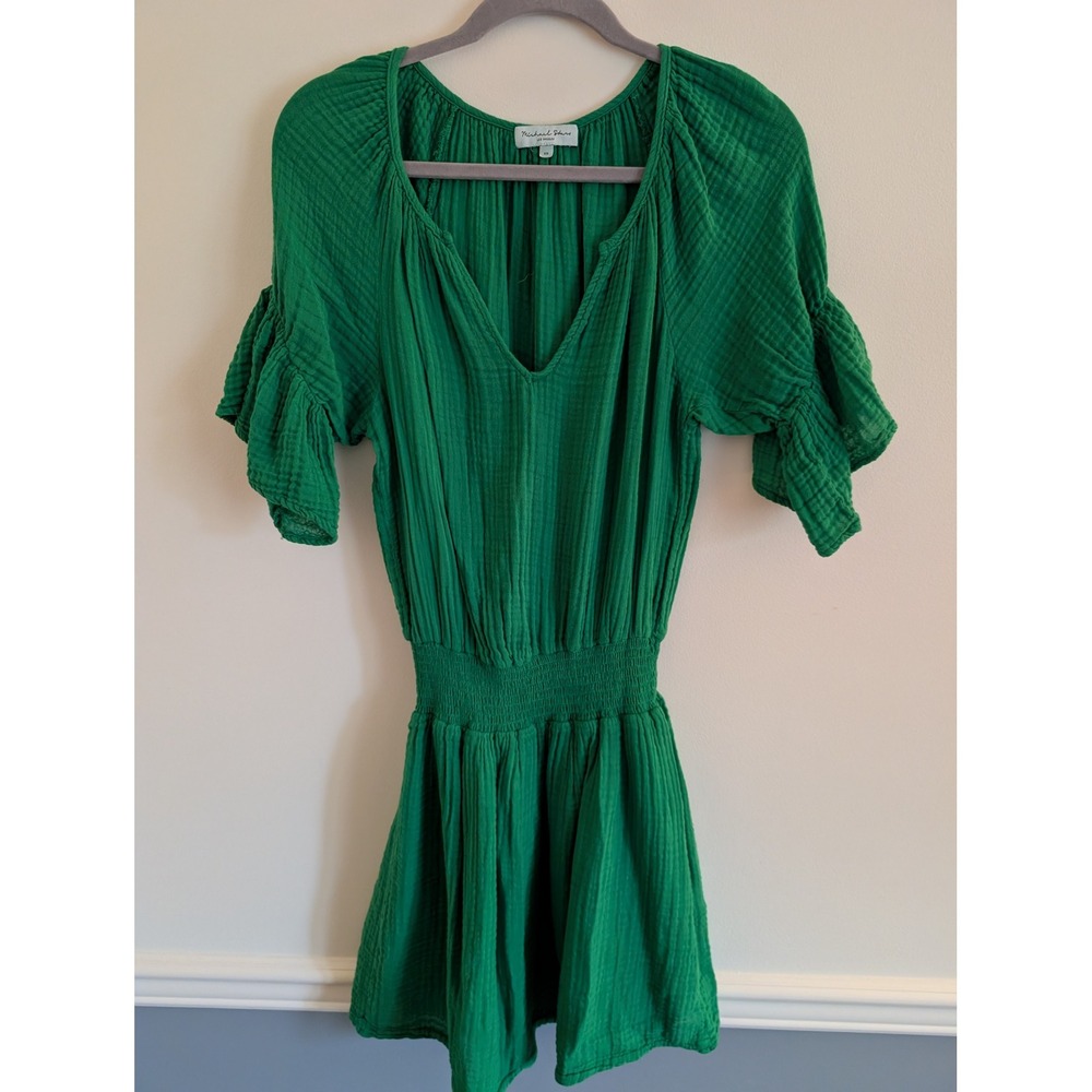 Michael Stars Green katelyn Mini Dress Cotton Gauze Smocked Ruffle Sleeve XS